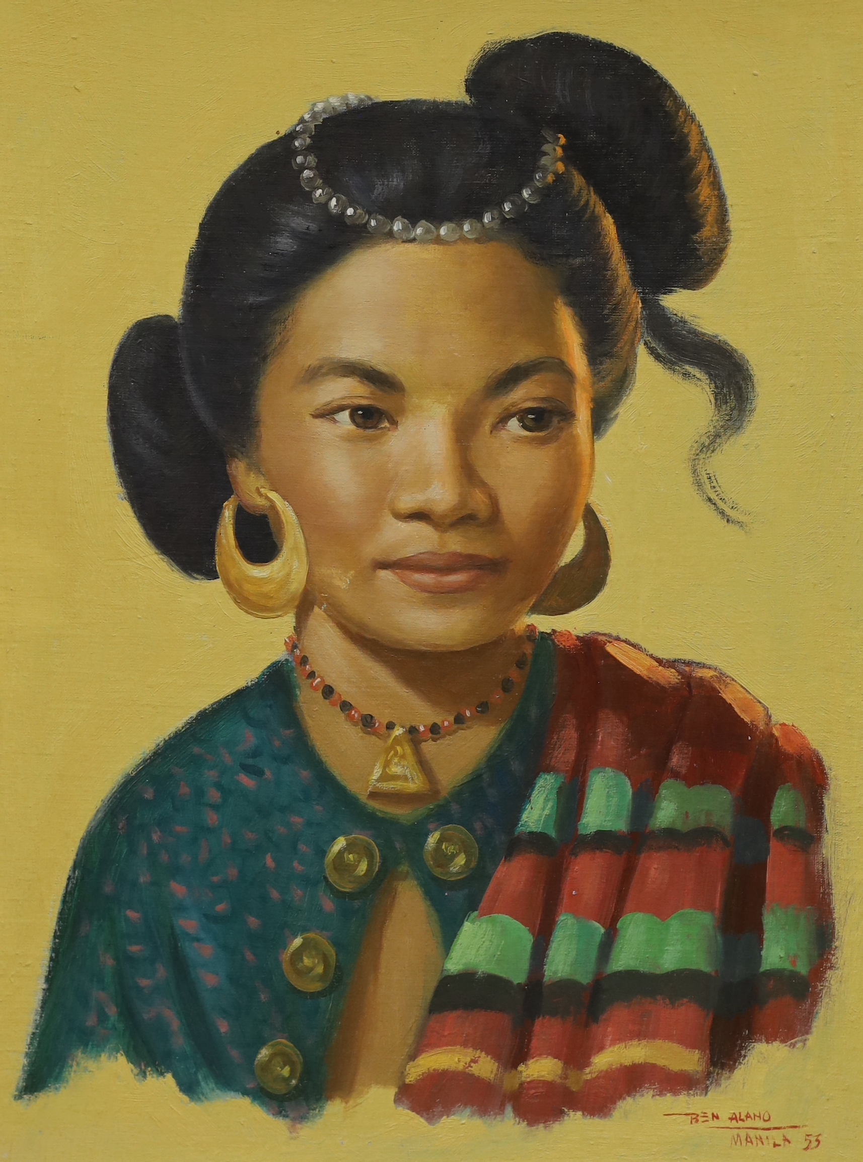 Ben Alano (Philipino 1920 - 1991) pair of oil on boards, Portraits of a lady and gentleman wearing traditional dress, possibly members of the Royal family, signed and inscribed Manila, 44 x 34cm